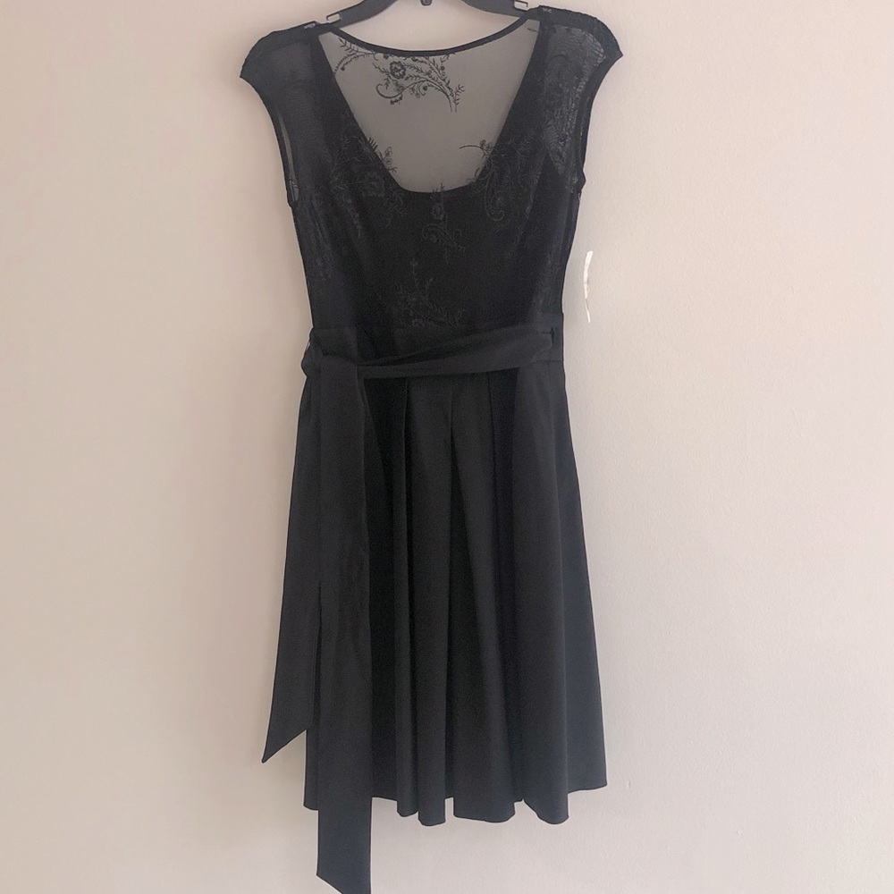 Lace Draped Bow Belt Elegant Cocktail Midi Dress